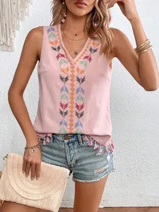 Boho-Top in Rosa mit V-Ausschnitt, Stickerei und Quasten am Saum für Damen