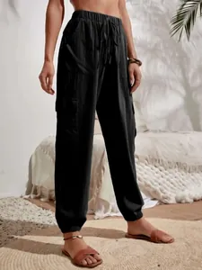 Pantalones cargo negros casuales de cintura alta con cordón y puños elásticos