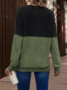 Back view of a casual color-block sweatshirt with long sleeves in black and olive green