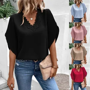 Women Elegant V-Neck Lace Trim Flare Sleeve Blouse Summer Casual Loose Polyester Solid Color Top