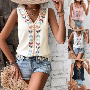 Damen Ethno Bestickt V-Ausschnitt Tank Top Bohemian Quaste Fransensaum Ärmellose Polyester Weste Top Für Den Sommerurlaub
