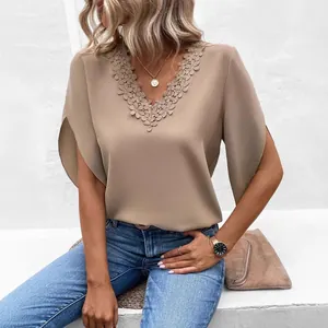 Elegant khaki V-neck blouse with floral lace trim and short flutter sleeves for summer
