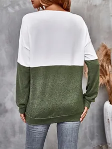 Back view of women's color-block casual long sleeve top with drop shoulders in white and olive