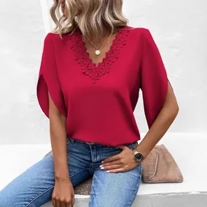 Elegant women's red lace V-neck blouse with stylish tulip short sleeves and loose fit