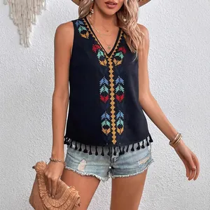 Ärmelloses Ethno-Top mit V-Ausschnitt, Stickerei und modischem Quastensaum im Boho-Stil