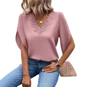 Elegant women's pink summer blouse with lace V-neck and loose bell sleeves detail
