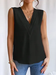 Elegante schwarze ärmellose Damenbluse mit modischem, mehrlagigem V-Ausschnitt