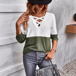 Women's V-neck criss-cross color block long sleeve casual top in white and olive green