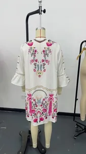 Back view of a white casual dress featuring pink floral prints and lace sleeve details