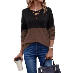 Casual women's V-neck color block long sleeve top with criss-cross neckline design