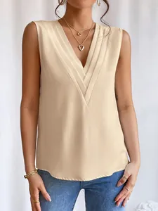 Elegante ärmellose cremefarbene Bluse mit anspruchsvollem mehrlagigem V-Ausschnitt