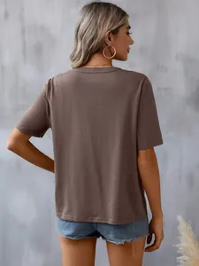 Back view of a classic brown short-sleeved cotton T-shirt for women's summer wear