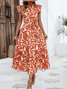 Vestido largo bohemio con estampado floral, mangas de volante y lazo en la cintura