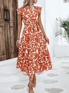 Vestido largo de verano con estampado floral, mangas de volante y cinturón para mujer