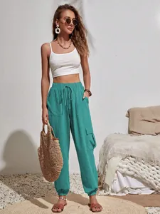 Pantalones cargo casuales color verde azulado para mujer con cintura elástica y bolsillos