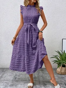 Summer purple textured dress featuring chic ruffle sleeves and a stylish tie waist belt.