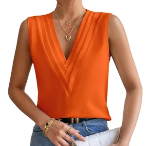 Stylische ärmellose Bluse in leuchtendem Orange mit mehrlagigem V-Ausschnitt für Damen