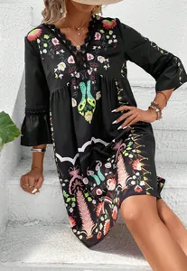 Bohemian floral print V-neck casual mini dress with black lace trim and bell sleeves