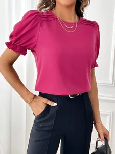 Elegante blusa fucsia girocollo con maniche a sbuffo per donna