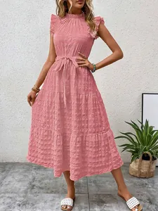 Pink textured midi dress featuring ruffle neck and flutter sleeves with a tie-waist