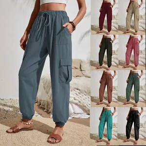 Pantalones Cargo Casuales de Poliéster para Mujer Cintura Alta Elástica con Cordón Joggers con Bolsillos Color Sólido Streetwear