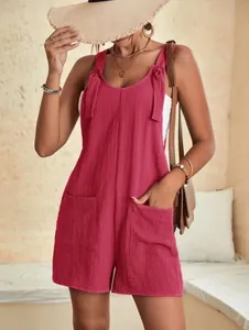 Mono corto casual rosa fucsia sin mangas con tirantes ajustables y bolsillos laterales