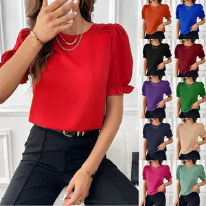 Camicetta da Donna Estiva Girocollo Maniche a Sbuffo Polsini con Volant Tinta Unita in Poliestere Elegante Top Casual