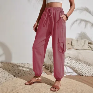 Pantalones cargo rosa viejo para mujer de talle alto con bolsillos y cordón ajustable