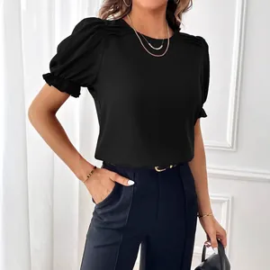 Elegante camicetta nera a tinta unita con scollo rotondo e maniche a sbuffo per donna