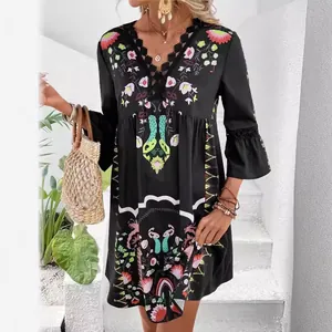 Bohemian black V-neck lace spliced casual dress featuring vibrant ethnic floral prints
