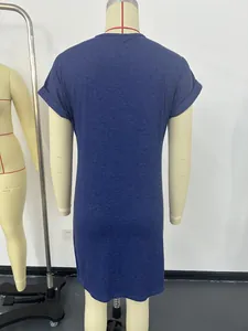 Back view of a casual navy blue rolled-sleeve t-shirt dress displayed on a mannequin form.