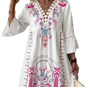 Summer bohemian floral print V-neck dress with delicate white lace patchwork detailing