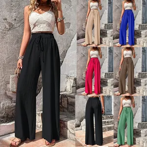 Women High Waisted Wide Leg Pants Seersucker Texture Casual Elastic Waist Drawstring Bottoms Loose Breathable Summer Vacation Trousers