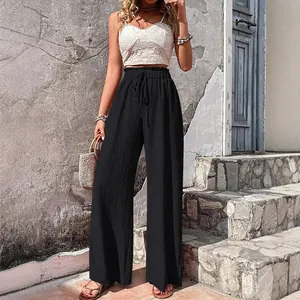 Women's high-waisted bubble gauze wide-leg trousers in black for summer leisure