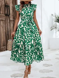Vestido largo de verano con estampado de hojas verdes, mangas con volantes y cinturón
