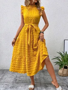 Stylish yellow textured maxi dress with ruffle sleeves and a belted waist design.