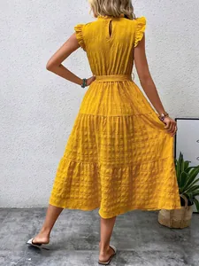 Detailed back view of a vibrant yellow textured midi dress with elegant ruffle fly sleeves.