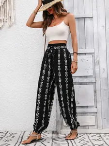 Womens high waist black lantern pants with ethnic geometric print for boho style