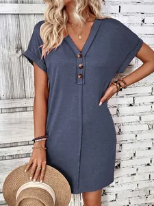 Chic V-neck solid color dress with buttons and rolled sleeves for summer