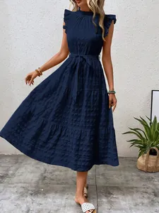 Elegant navy blue textured midi dress with ruffled sleeves and adjustable tie waist.