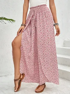 Summer floral print side slit wide-leg pants with high waist and breathable fabric