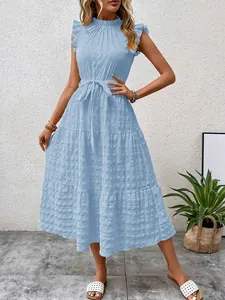 Light blue ruffled butterfly sleeve midi dress with waist tie and textured fabric