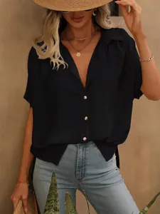 Élégant chemisier femme bleu marine à manches courtes avec boutons et col à revers décontracté