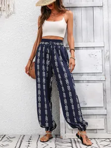 Bohemian navy blue patterned lantern pants with elastic drawstring waist for summer