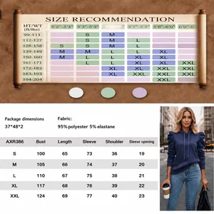 Detailed size chart and material specs for women's solid color hooded sweatshirt.