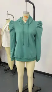 Front view of a teal puff sleeve hooded sweatshirt for women displayed on a mannequin.