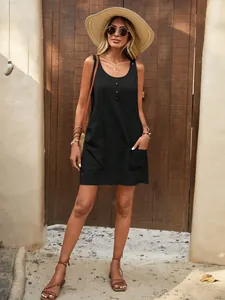 Women's summer sleeveless U-neck cotton mini dress with pockets in black color