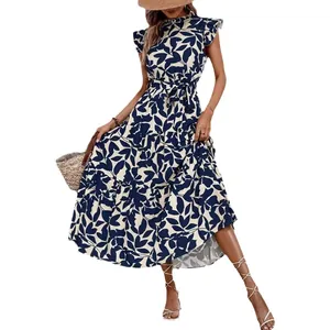 Elegante vestido largo de verano con estampado floral, mangas de mariposa y lazo ajustable