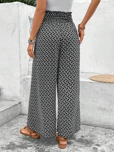 Rear view of summer high-waist wide-leg pants with black and white geometric print