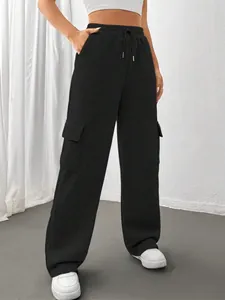 Full view of women's black wide-leg cargo sweatpants with side pockets and drawstring